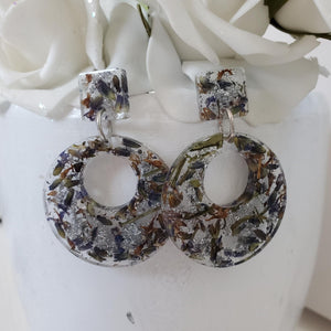 Handmade real flower circular stud drop earrings made with lavender petals and silver leaf preserved in resin. - Long Earrings, Blue Earrings, Dangle Earrings