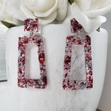 Load image into Gallery viewer, Handmade real flower long rectangular post earrings made with rose petals and silver leaf preserved in resin. - Flower Earrings, Purple Earrings, Long Earrings