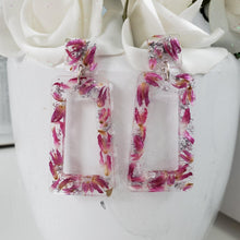 Load image into Gallery viewer, Handmade real flower long rectangular post earrings made with red clover flowers and silver leaf preserved in resin. - Flower Earrings, Purple Earrings, Long Earrings
