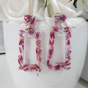 Handmade real flower long rectangular post earrings made with red clover flowers and silver leaf preserved in resin. - Flower Earrings, Purple Earrings, Long Earrings
