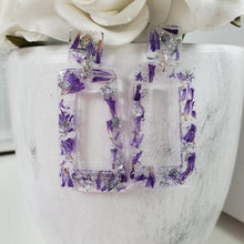 Load image into Gallery viewer, Handmade real flower long rectangular post earrings made with purple statice and silver leaf preserved in resin. - Flower Earrings, Purple Earrings, Long Earrings