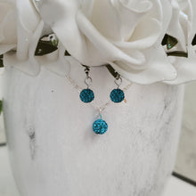 Load image into Gallery viewer, Handmade pave crystal rhinestone drop necklace accompanied by a matching pair of earrings - aquamarine blue or custom color - Crystal Necklace Set - Rhinestone Jewelry Set