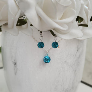 Handmade pave crystal rhinestone drop necklace accompanied by a matching pair of earrings - aquamarine blue or custom color - Crystal Necklace Set - Rhinestone Jewelry Set