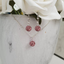 Load image into Gallery viewer, Handmade pave crystal rhinestone drop necklace accompanied by a matching pair of earrings - rosaline or custom color - Crystal Necklace Set - Rhinestone Jewelry Set