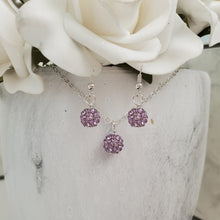 Load image into Gallery viewer, Handmade pave crystal rhinestone drop necklace accompanied by a matching pair of earrings - violet or custom color - Crystal Necklace Set - Rhinestone Jewelry Set