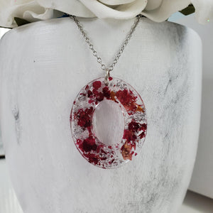 Handmade real flower oval pendant necklace made with rose petals and silver flakes preserved in resin. - Purple Necklace, Flower Necklace, Pendant Necklace
