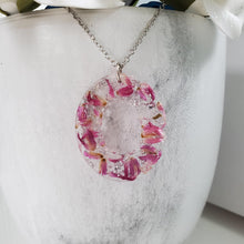 Load image into Gallery viewer, Handmade real flower oval pendant necklace made with red clover flowers and silver flakes preserved in resin. - Purple Necklace, Flower Necklace, Pendant Necklace