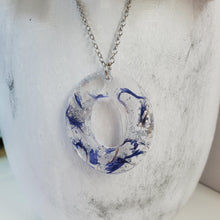 Load image into Gallery viewer, Handmade real flower oval pendant necklace made with blue cornflower and silver flakes preserved in resin. - Purple Necklace, Flower Necklace, Pendant Necklace