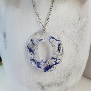Handmade real flower oval pendant necklace made with blue cornflower and silver flakes preserved in resin. - Purple Necklace, Flower Necklace, Pendant Necklace