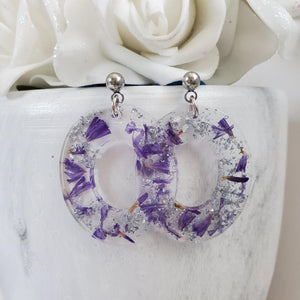 Handmade real flower oval post earrings made with purple statice and silver leaf preserved in resin. - Blue Earrings, Flower Earrings, Resin Flower Jewelry