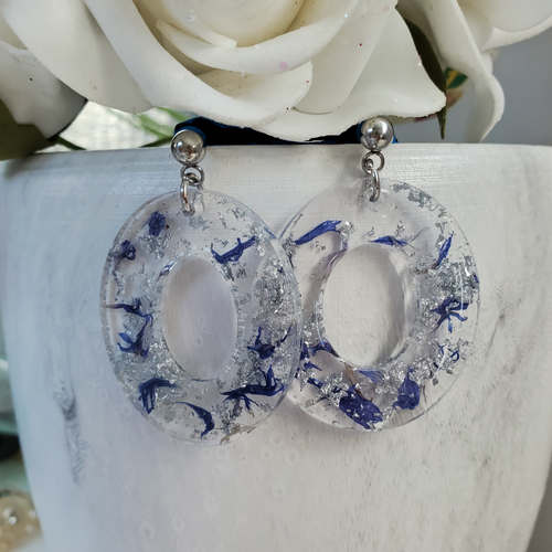Handmade real flower oval post earrings made with blue cornflower and silver leaf preserved in resin. - Blue Earrings, Flower Earrings, Resin Flower Jewelry