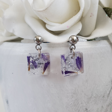 Load image into Gallery viewer, Handmade real flower stud dangle earrings made with purple statice and silver leaf preserved in resin.  - Flower Stud Earrings, Square Earrings, Flower Earrings