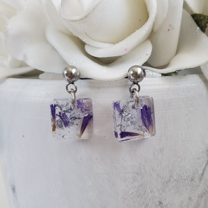 Handmade real flower stud dangle earrings made with purple statice and silver leaf preserved in resin.  - Flower Stud Earrings, Square Earrings, Flower Earrings