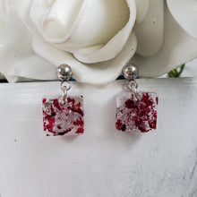 Load image into Gallery viewer, Handmade real flower stud dangle earrings made with rose petals and silver leaf preserved in resin. - Flower Stud Earrings, Square Earrings, Flower Earrings