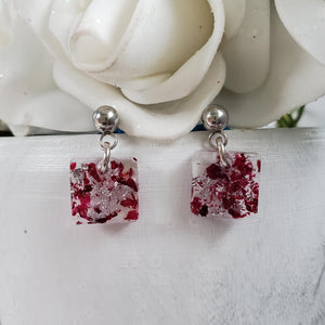Handmade real flower stud dangle earrings made with rose petals and silver leaf preserved in resin. - Flower Stud Earrings, Square Earrings, Flower Earrings