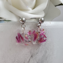 Load image into Gallery viewer, Handmade real flower stud dangle earrings made with red clover flowers and silver leaf preserved in resin. - Flower Stud Earrings, Square Earrings, Flower Earrings
