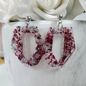 Handmade real flower irregular shape stud drop earrings made with rose petals and silver leaf preserved in resin. - Flower Earrings, Rose Earrings, Flower Jewelry