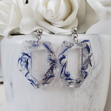 Load image into Gallery viewer, Handmade real flower irregular shape stud drop earrings made with blue cornflower and silver leaf preserved in resin. - Flower Earrings, Rose Earrings, Flower Jewelry