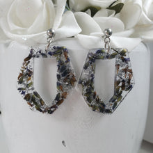 Load image into Gallery viewer, Handmade real flower irregular shape stud drop earrings made with lavender petals and silver leaf preserved in resin. - Flower Earrings, Rose Earrings, Flower Jewelry
