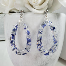 Load image into Gallery viewer, Handmade real flower teardrop post earrings made with blue cornflower and silver leaf preserved in resin.  - Flower Earrings, Teardrop Earrings, Flower Jewelry