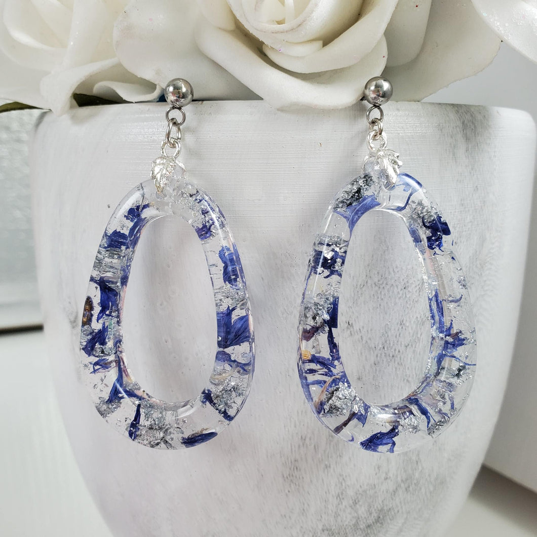 Handmade real flower teardrop post earrings made with blue cornflower and silver leaf preserved in resin.  - Flower Earrings, Teardrop Earrings, Flower Jewelry