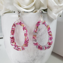 Load image into Gallery viewer, Handmade real flower teardrop post earrings made with red clover flowers and silver leaf preserved in resin. - Flower Earrings, Teardrop Earrings, Flower Jewelry