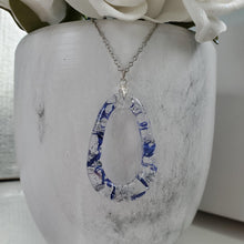 Load image into Gallery viewer, Handmade real flower teardrop pendant necklace made with blue cornflower and silver leaf preserved in resin. - Necklaces, Flower Necklace, Pink Necklace