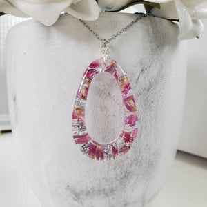 Handmade real flower teardrop pendant necklace made with red clover flowers and silver leaf preserved in resin. - Necklaces, Flower Necklace, Pink Necklace