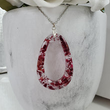 Load image into Gallery viewer, Handmade real flower teardrop pendant necklace made with rose petals and silver leaf preserved in resin. - Necklaces, Flower Necklace, Pink Necklace