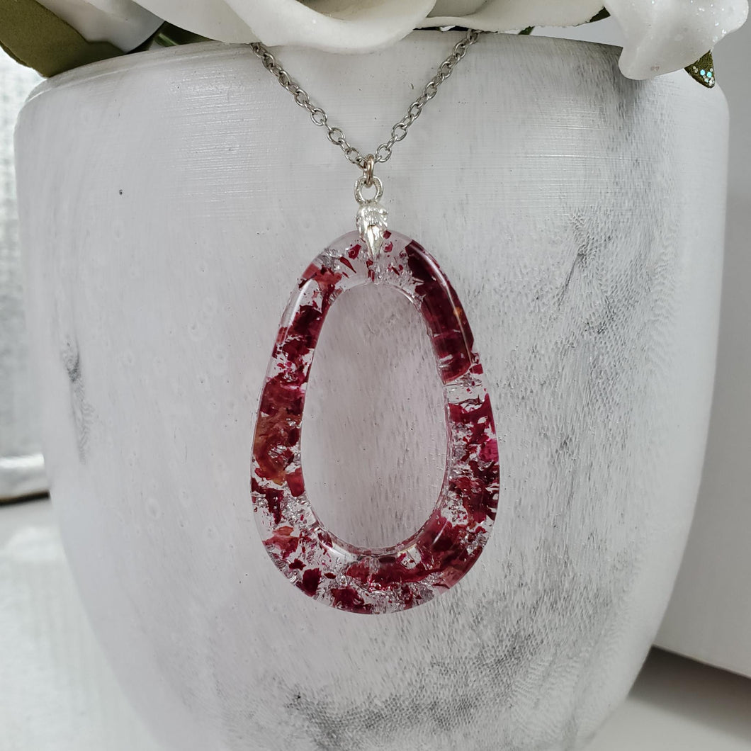 Handmade real flower teardrop pendant necklace made with rose petals and silver leaf preserved in resin. - Necklaces, Flower Necklace, Pink Necklace