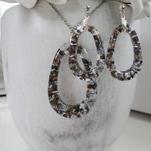 Handmade real flower teardrop necklace and post earring jewelry set made with lavender petals and silver leaf preserved in resin. - Teardrop Jewelry, Resin Jewelry, Jewelry Sets