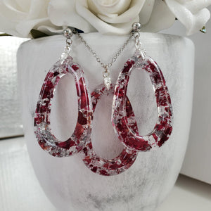 Handmade real flower teardrop necklace and post earring jewelry set made with rose petals and silver leaf preserved in resin. - Teardrop Jewelry, Resin Jewelry, Jewelry Sets