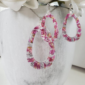 Handmade real flower teardrop necklace and post earring jewelry set made with red clover flowers and silver leaf preserved in resin. - Teardrop Jewelry, Resin Jewelry, Jewelry Sets