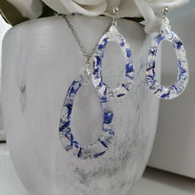 Load image into Gallery viewer, Handmade real flower teardrop necklace and post earring jewelry set made with blue cornflower and silver leaf preserved in resin. - Teardrop Jewelry, Resin Jewelry, Jewelry Sets