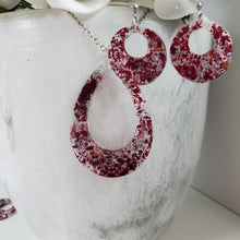 Load image into Gallery viewer, Handmade real flower teardrop pendant accompanied by a pair of circular stud earrings made with rose petals and silver leaf preserved in resin. - Flower Jewelry, Jewelry Set, Bridal Sets