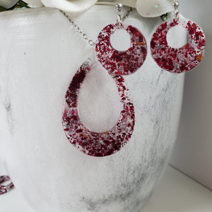 Handmade real flower teardrop pendant accompanied by a pair of circular stud earrings made with rose petals and silver leaf preserved in resin. - Flower Jewelry, Jewelry Set, Bridal Sets