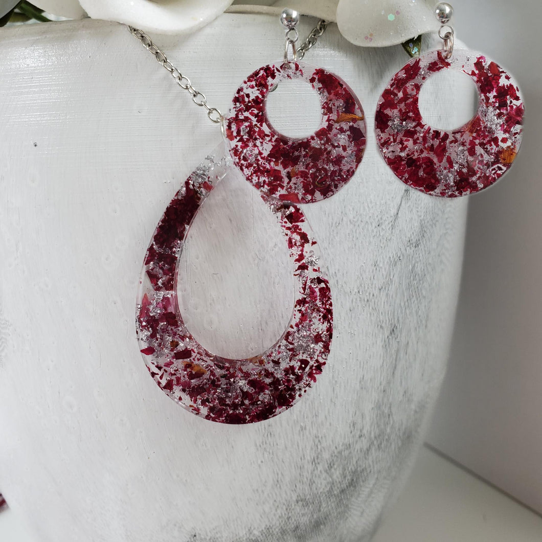 Handmade real flower teardrop necklace accompanied by a pair of circular drop post earrings made with rose petals and silver leaf preserved in resin. - Necklace And Earring Set, Bridal Sets, Flower Jewelry