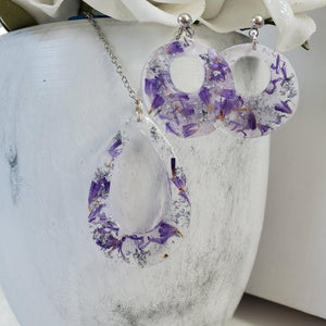 Handmade real flower teardrop pendant accompanied by a pair of circular stud earrings made with purple statice and silver leaf preserved in resin. - Flower Jewelry, Jewelry Set, Bridal Sets
