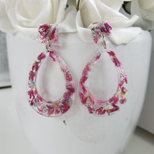 Load image into Gallery viewer, Handmade real flower teardrop post earrings made with red clover flowers and silver leaf preserved in resin. - Teardrop Earrings, Long Post Earrings, Bridal Gifts