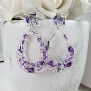 Handmade real flower teardrop post earrings made with purple statice and silver leaf preserved in resin. - Teardrop Earrings, Long Post Earrings, Bridal Gifts
