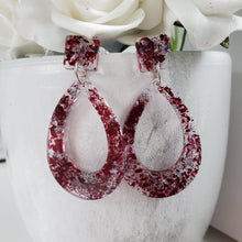 Load image into Gallery viewer, Handmade real flower teardrop post earrings made with rose petals and silver leaf preserved in resin. - Teardrop Earrings, Long Post Earrings, Bridal Gifts