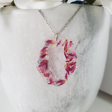 Load image into Gallery viewer, Handmade real flower pendant necklace made with red clover flowers and silver leaf preserved in resin. - Pink Necklace, Bridal Necklace, Necklace