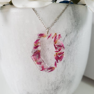 Handmade real flower pendant necklace made with red clover flowers and silver leaf preserved in resin. - Pink Necklace, Bridal Necklace, Necklace