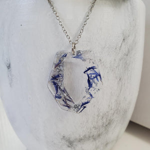 Handmade real flower pendant necklace made with blue cornflower and silver leaf preserved in resin. - Blue Necklace, Bridal Necklace, Necklace