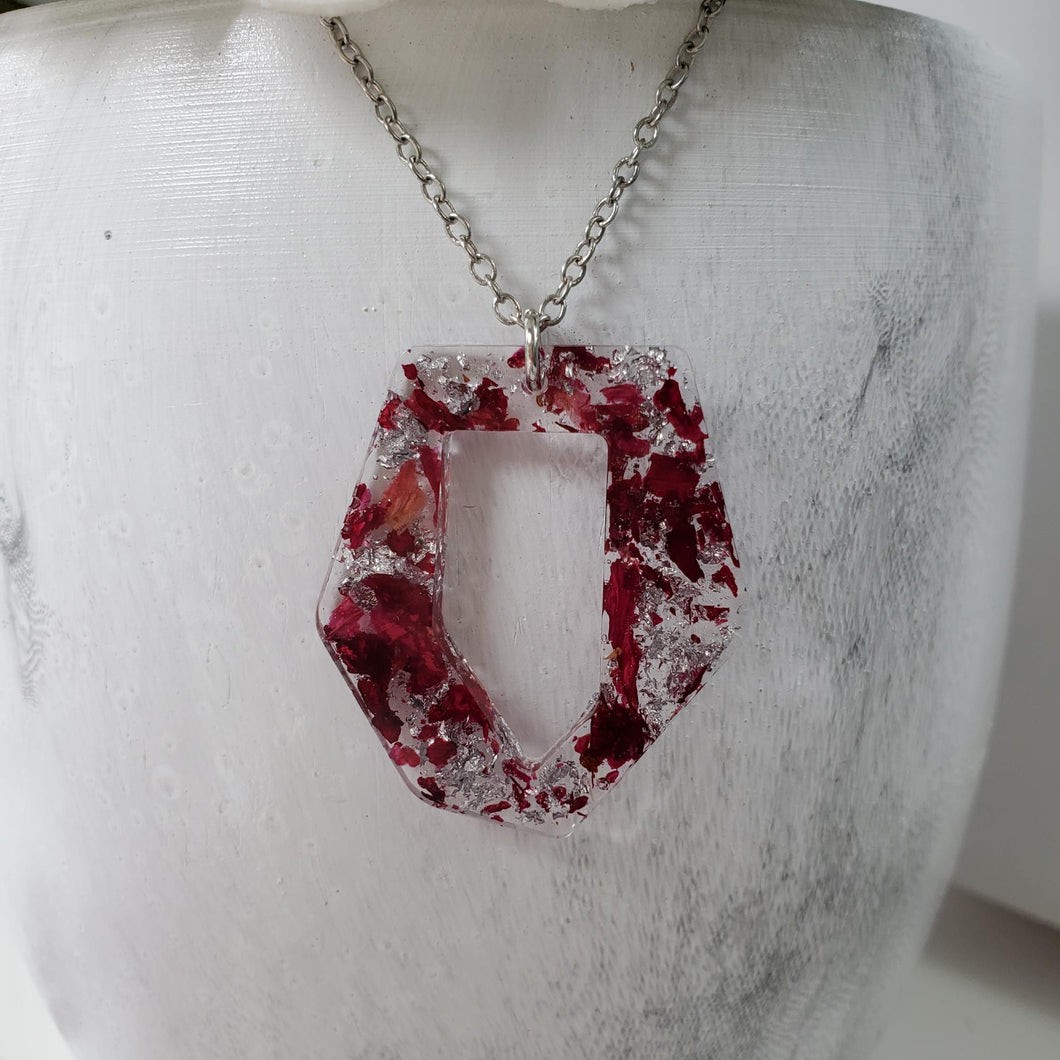 Handmade real flower pendant necklace made with rose petals and silver leaf preserved in resin. - Red Necklace, Bridal Necklace, Necklace