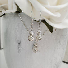 Load image into Gallery viewer, Handmade pave crystal rhinestone drop necklace accompanied by a matching pair of dangle earrings - silver clear or custom color - Rhinestone Necklace Set - Crystal Jewelry Set