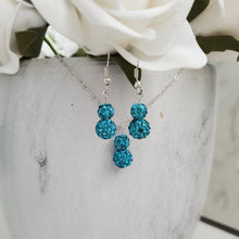 Load image into Gallery viewer, Handmade pave crystal rhinestone drop necklace accompanied by a matching pair of dangle earrings - aquamarine blue or custom color - Rhinestone Necklace Set - Crystal Jewelry Set