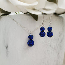Load image into Gallery viewer, Handmade pave crystal rhinestone drop necklace accompanied by a matching pair of dangle earrings - capri blue or custom color - Rhinestone Necklace Set - Crystal Jewelry Set