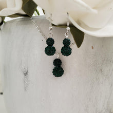 Load image into Gallery viewer, Handmade pave crystal rhinestone drop necklace accompanied by a matching pair of dangle earrings - emerald or custom color - Rhinestone Necklace Set - Crystal Jewelry Set