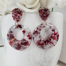 Load image into Gallery viewer, Handmade real flower long circular post earrings made with rose petals and silver leaf preserved in resin. - Long Earrings, Red Earrings, Earrings